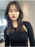 韓国ヘアレイヤーロンググレーベージュ前髪パーマ黒髪