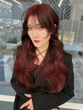 ランテルディ 渋谷(LANTERDIT) レッドカラー　エクステ　顔周りレイヤー　巻き髪ロング