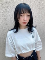 リア(Lia by KENJE)&nbsp;黒髪　前髪　ブルー　アッシュブラックカラー♪レイヤーロング♪