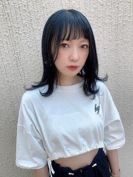 リア(Lia by KENJE) 黒髪　前髪　ブルー　アッシュブラックカラー♪レイヤーロング♪