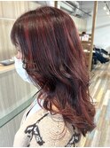 ハイライト　レッドブラウン　白髪ぼかし　レイヤーカット