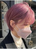 ピンクベージュ丸みショートボブマッシュショートくびれショート