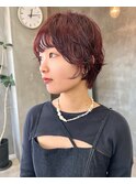 ショートパーマ　ニュアンスワンカール　レッドオレンジ
