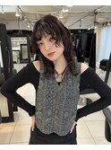 △大人可愛い癖毛風ウルフパーマレイヤーパーマボルドーカラー