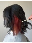 ウェーブミディアム×レッドインナーカラー