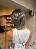 バレイヤージュ、ハイライト、レイヤーロング、グレーベージュ