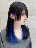 シースルーバングインナーカラーブルー前上がり姫カット