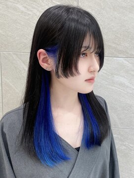 ピークアブー 原宿ハラカド(PEEK-A-BOO) シースルーバングインナーカラーブルー前上がり姫カット