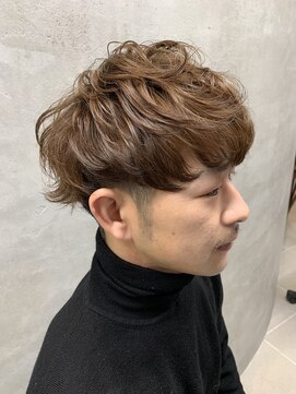 O ユルパーマツーブロックメンズカット無造作ブラウン