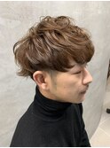 ユルパーマツーブロックメンズカット無造作ブラウン