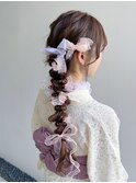 浴衣着付けヘアセットサイド編み下ろしシースルー前髪カット