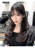 レイヤーロング似合わせカットフルバング透明感アッシュブラック