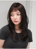 前髪カットロング暗めカラー韓国ヘア顔周りレイヤー_ba562361