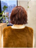 ボブパーマ暖色系カラー暖色くるくるオレンジレッドコーラル