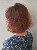 ミディアムパーマボブオレンジブラウンイメチェン外ハネボブ美髪