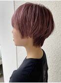 コーラルピンク 小顔丸みショートボブ