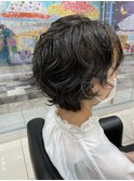 ミニボブ×パーマ/束感ショート×チャコールグレー