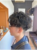 無造作パーマツイストスパイラルパーマツーブロックメンズカット