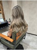 バレイヤージュ、ハイライト、レイヤーロング、グレーベージュ