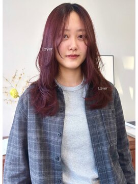 ヘアー アイス 御器所本店(HAIR ICI) ロングレイヤーカットピンクレッドカラー暖色カラー