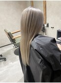 バレイヤージュ、ハイライト、レイヤーロング、グレーベージュ