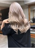 バレイヤージュ、ハイライト、レイヤーロング、グレーベージュ