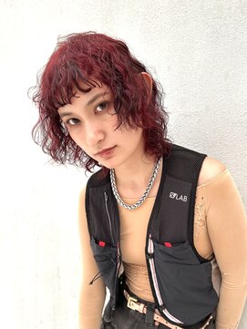 テトヘアー(teto hair) ミディアムウルフ　ウルフパーマ　レッド　スパイラルパーマ