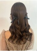 ハーフアップ　リボンアレンジ　結婚式　同窓会　20代30代