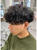 ダークアッシュニュアンスパーマ韓国マッシュベリーショート