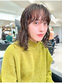 ウェーブヘア 前髪パーマ アッシュブラウン グレージュ