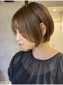 調布レイヤーミディアムショートボブウルフミニボブベージュ前髪