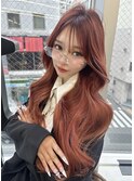 くびれヘア　韓国ヘア　ブリーチ無しダブルカラー　赤髪