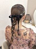 結婚式お呼ばれ＊タイト編み下ろし♪ベロアリボン＊ロングヘア
