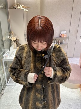 マイル 渋谷(mile) ブリーチなしオレンジカラー×顎ラインボブ