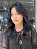 ネイビーブルーくびレイヤー_ハッシュカットフルバング_ba476171
