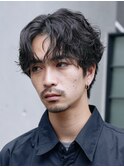 メンズミディアムウルフシャドウパーマセンターパートスパイラル