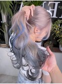 ダークパープルショートウルフカットインナーカラーケアブリーチ