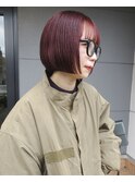 ワインレッドボブブリーチなし暖色カラーチェリーレッドミニボブ