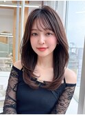 面長シースルーぱっつん前髪小顔レイヤーグレージュ20代30代