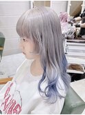 ホワイティーグレージュ　ホワイトアッシュ　毛先ネイビーブルー