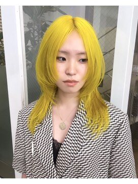 レコ 渋谷(LECO) ロングレイヤーウルフカットハイトーンネオンイエローカラー