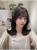 小顔薄めバンググレージュレイヤーロング前髪パーマ黒髪