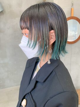 テトヘアー(teto hair) 毛先カラー、顔まわりウルフ、ボブウルフ、ターコイズカラー