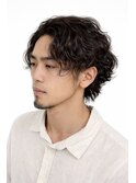 ブリーチなしカラー緩めパーマ大人ヘア黒髪センターパート