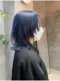 ネイビー　ネイビーカラー　青髪　レイヤーカット　ウルフカット