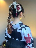 和装アレンジ 編みこみ ポニーテール パールアレンジ
