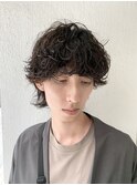 アッシュブラックマッシュパーマウルフ波巻きベリーショート
