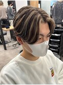 ハイライトツイストパーマアップバング短髪メッシュ