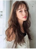 顔周りロングレイヤーカット/コテ巻き風韓国風パーマ/ブラウン