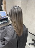 バレイヤージュ、ハイライト、レイヤーロング、グレーベージュ